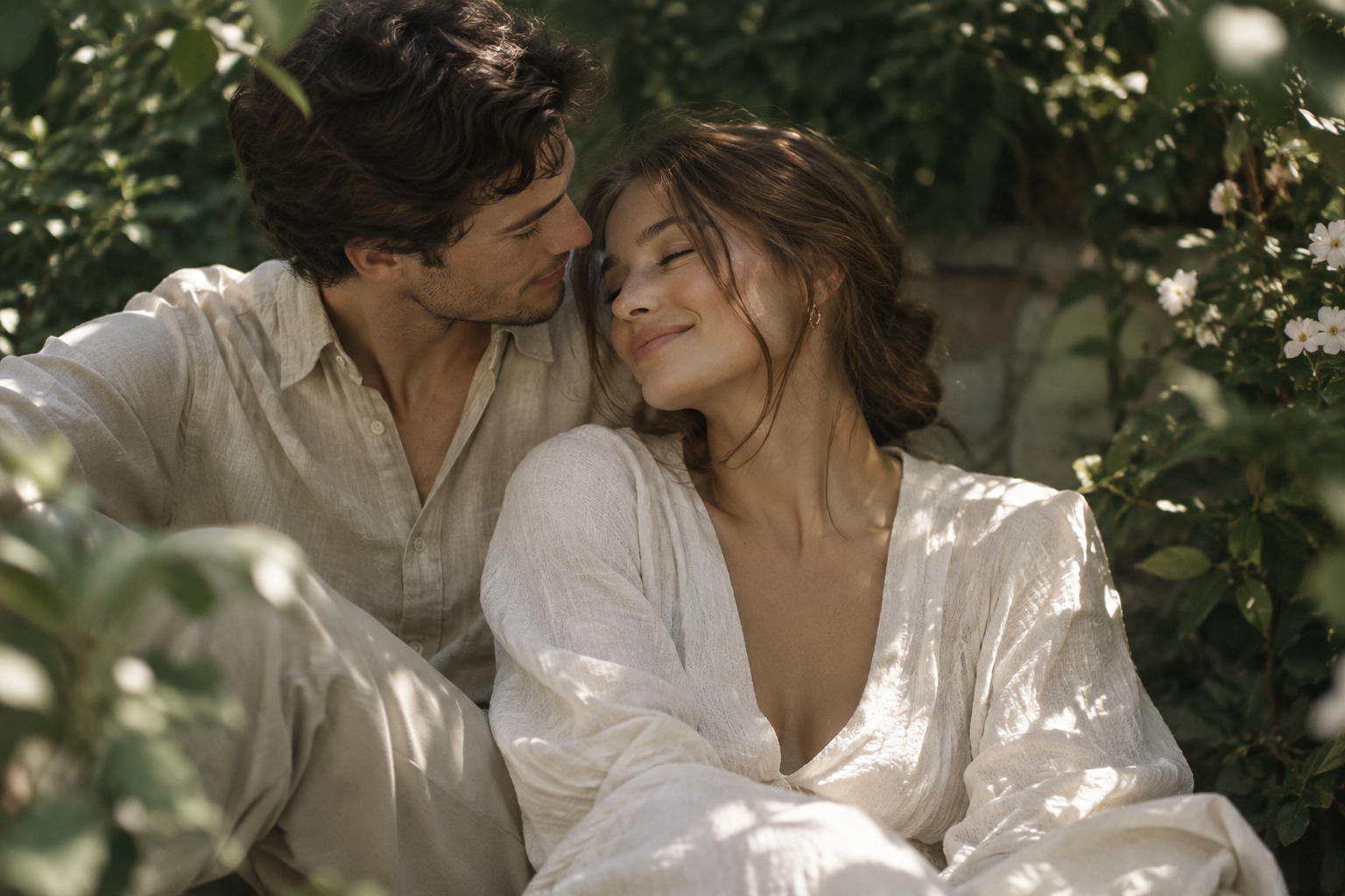 Couple in relaxed neutral clothing sharing a quiet moment in a leafy garden
