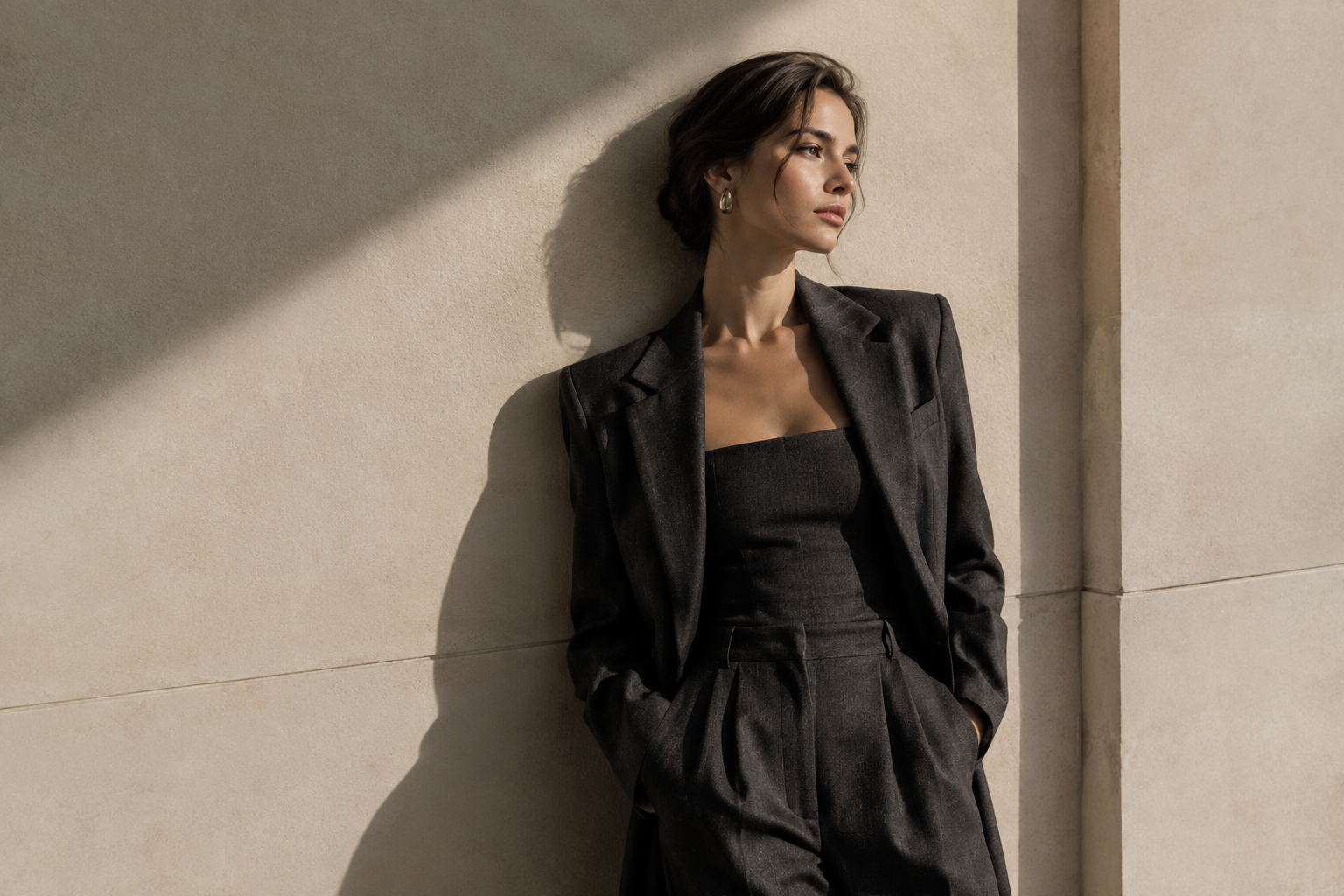 Editorial portrait of a model in a tailored charcoal outfit against a pale architectural wall