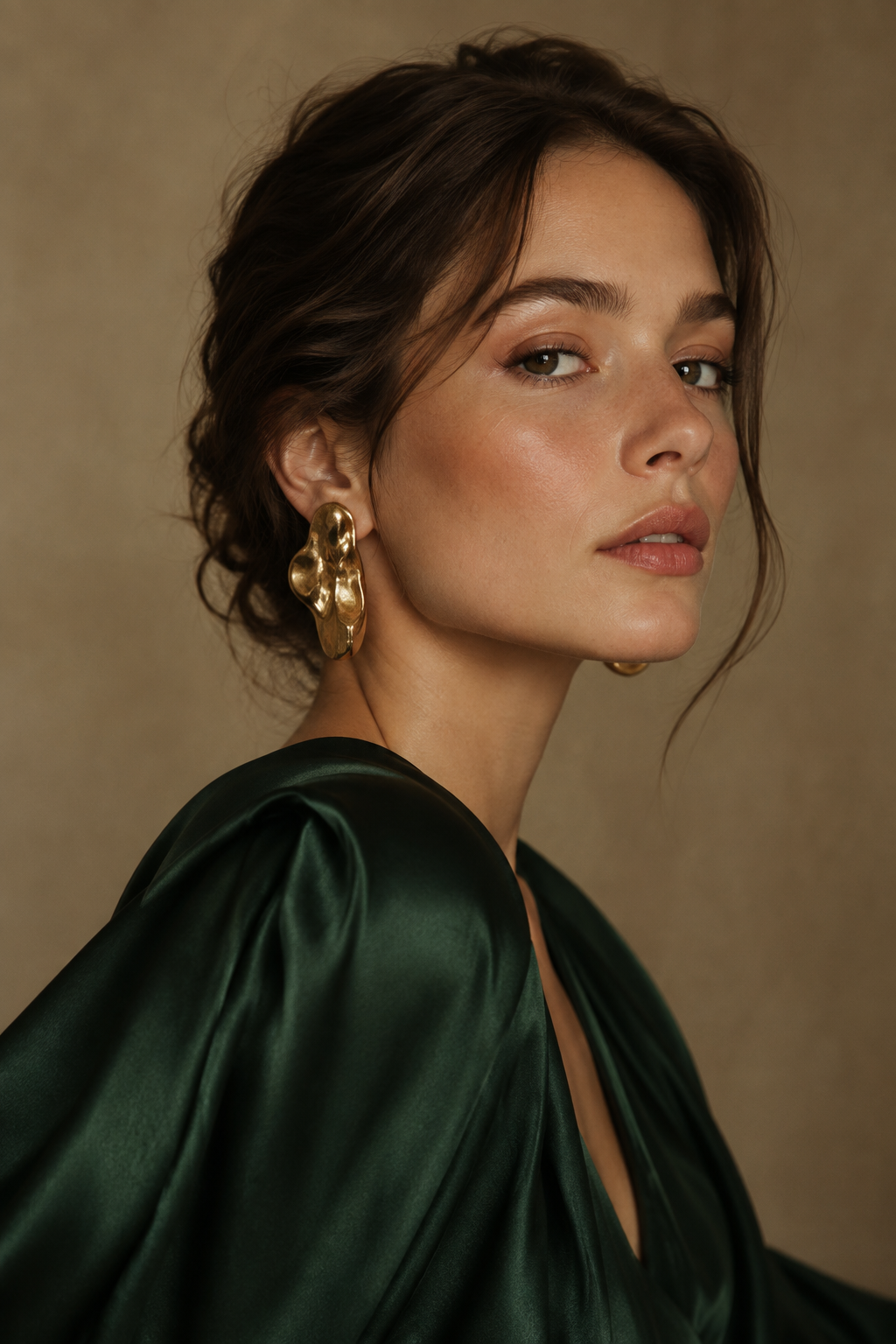 Close editorial portrait with a deep green silk garment and sculptural gold earrings