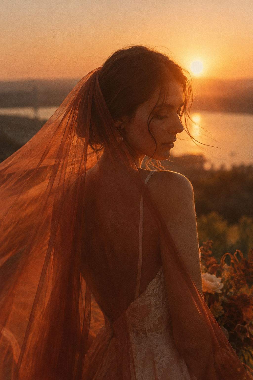 Grainy analog photograph of a bride in a rust-colored veil at sunset