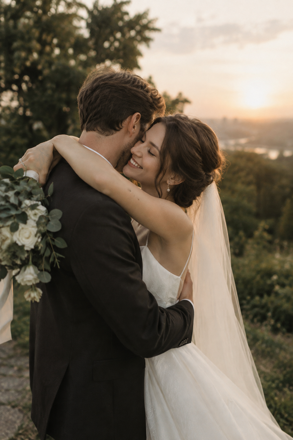 Newly married couple embracing outdoors beneath soft evening light