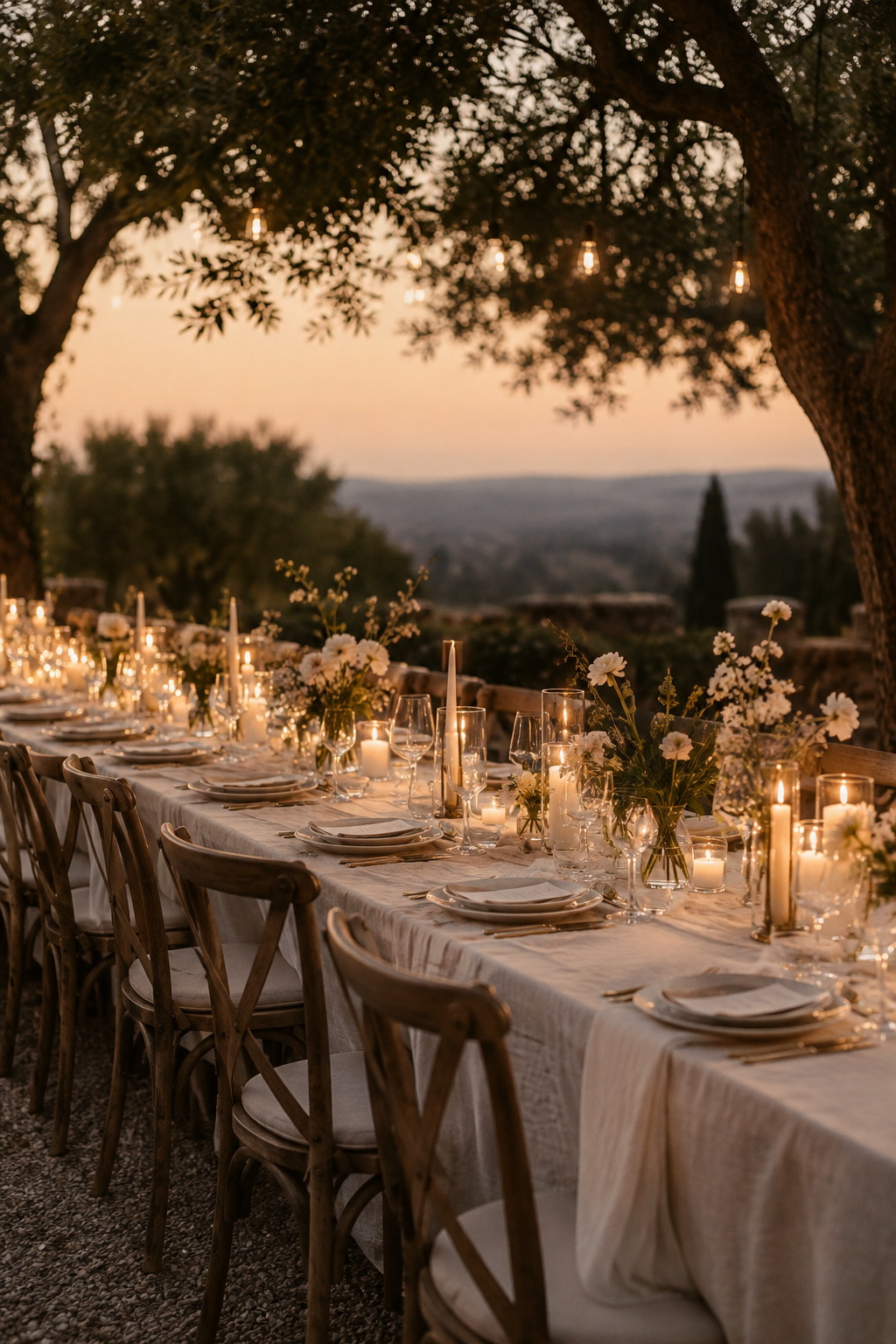 Intimate outdoor wedding dinner with a long linen-covered table and candlelight