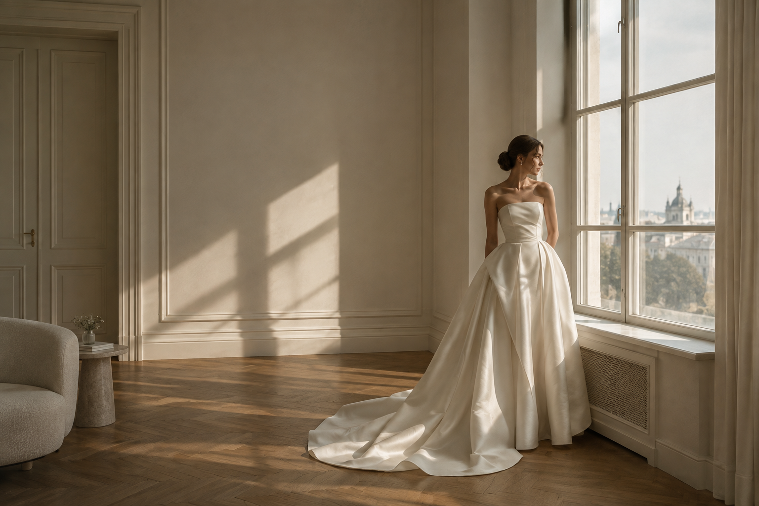 Bride in a sculptural ivory gown standing beside a tall sunlit Kyiv window