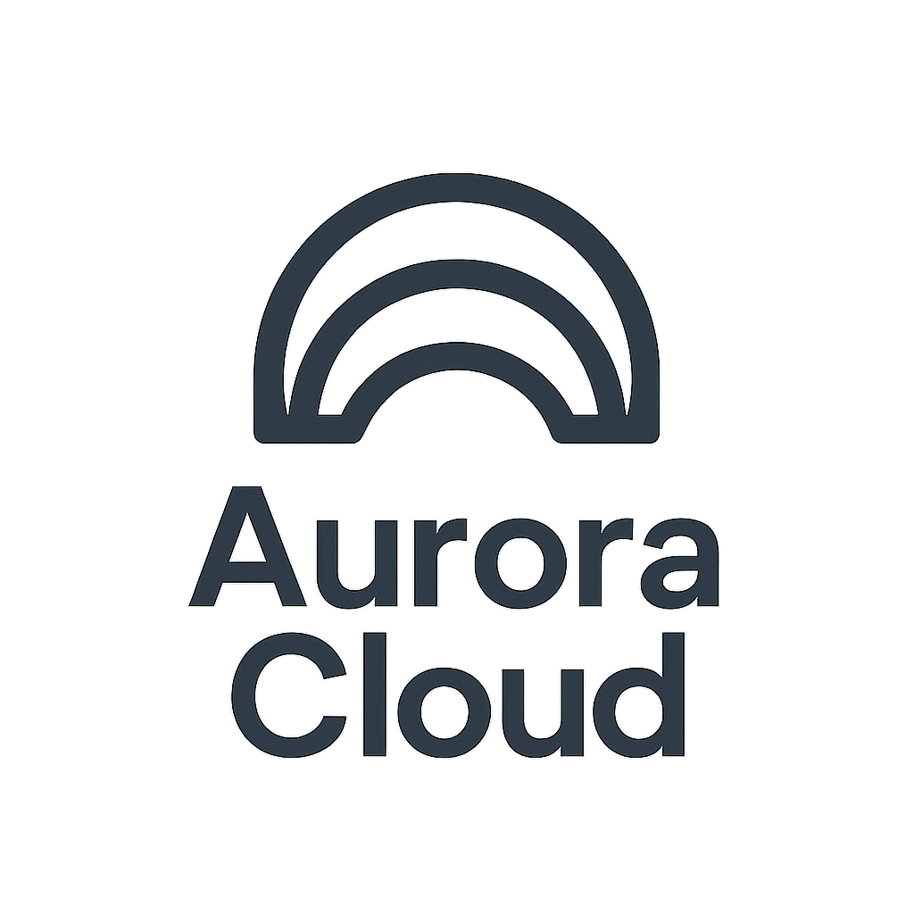 Modern stacked logo for Aurora Cloud featuring a layered arc symbol