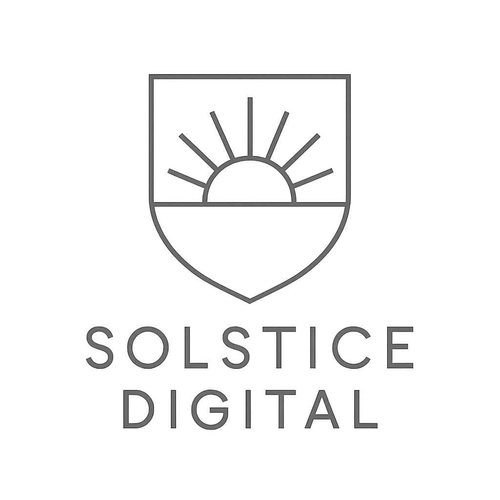 Elegant thin-line crest logo for Solstice Digital with condensed text