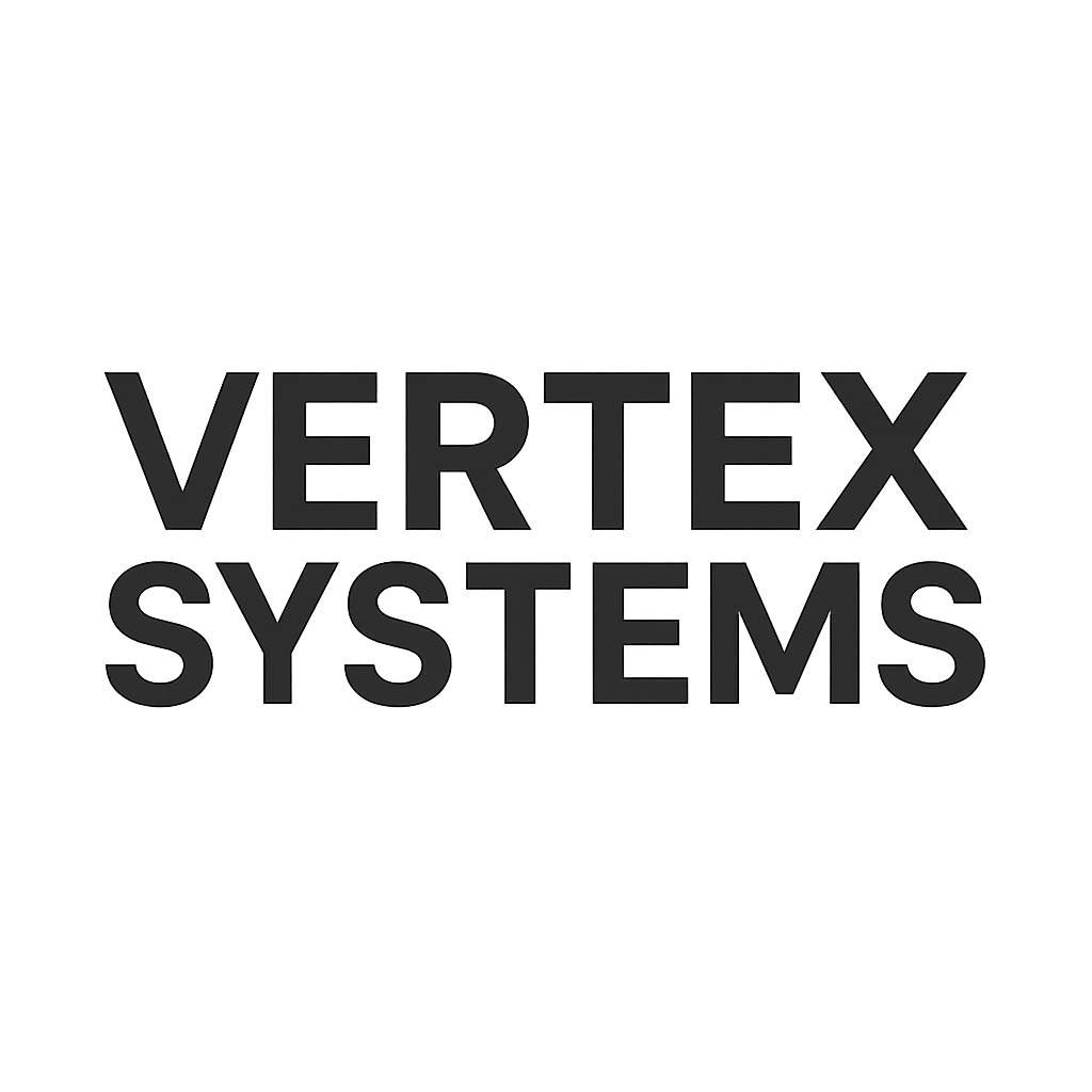 Monochrome wordmark logo for Vertex Systems in uppercase geometric lettering