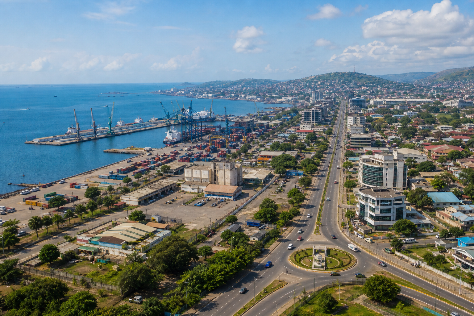 Aerial view of a modern African coastal city with a port terminal, cranes, and arterial roads symbolizing infrastructure investment.