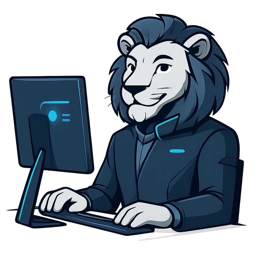 Cartoon lion in a modern tech suit seated at a computer workstation, space-tech theme
