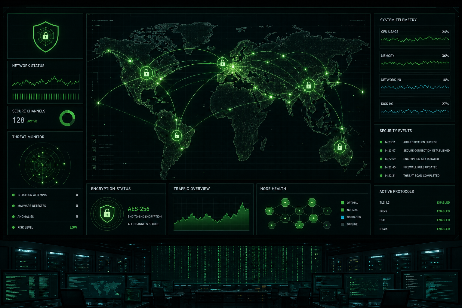 Cyber-security operations dashboard interface with glowing green encrypted network paths, stacked monitoring panels, and terminal telemetry in a dark command-center environment
