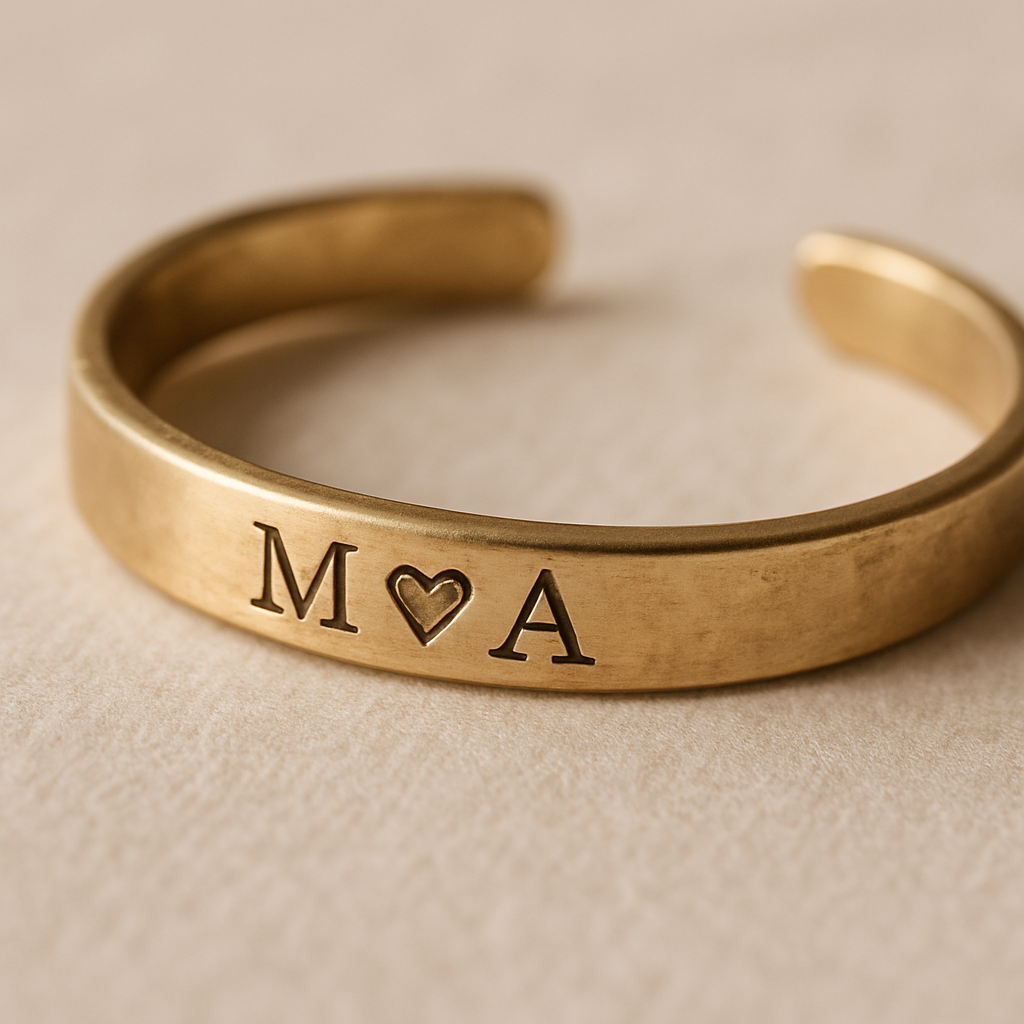 Close-up of a handmade jewelry piece featuring visible personalized engraving with detailed custom inscription on a soft background, showcasing the artisan quality of the work