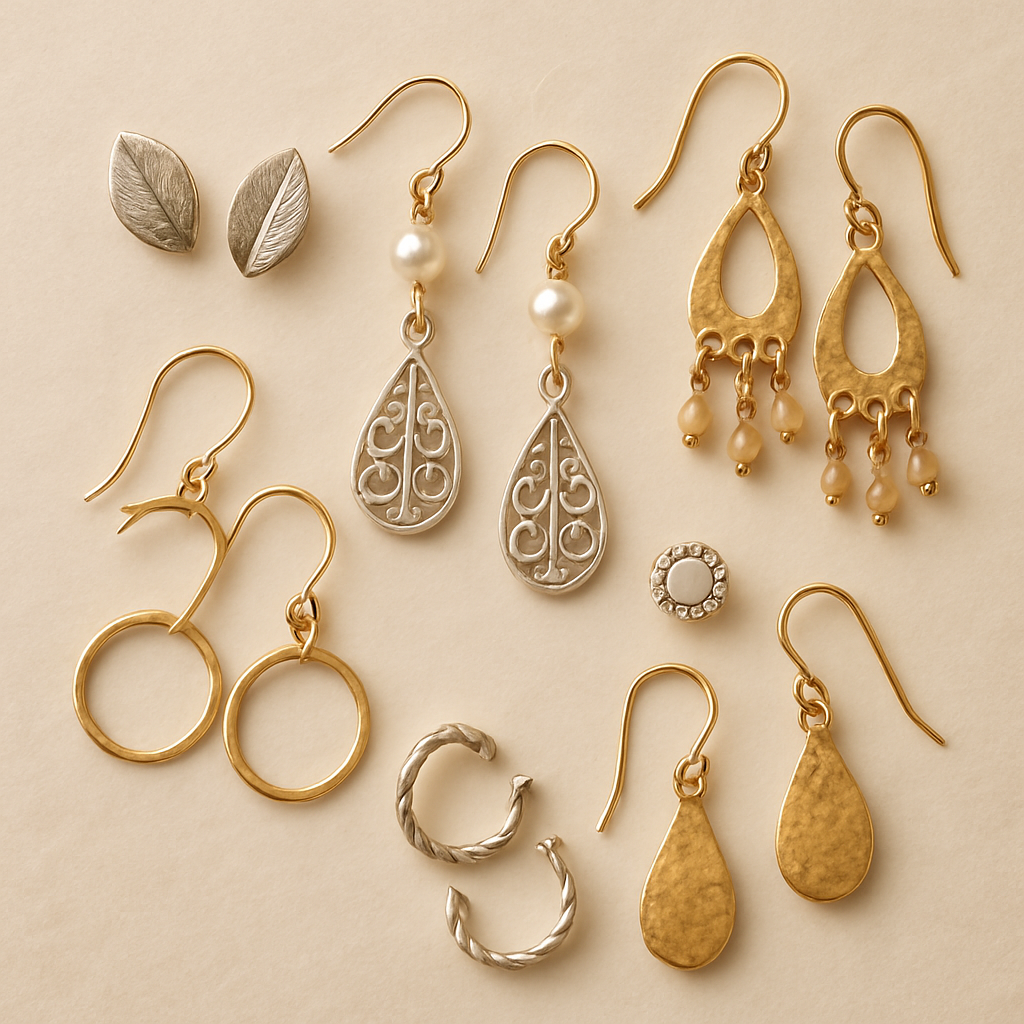 Assortment of handmade earrings including stud and drop styles with intricate details, arranged artfully on a soft neutral background with warm lighting highlighting the craftsmanship