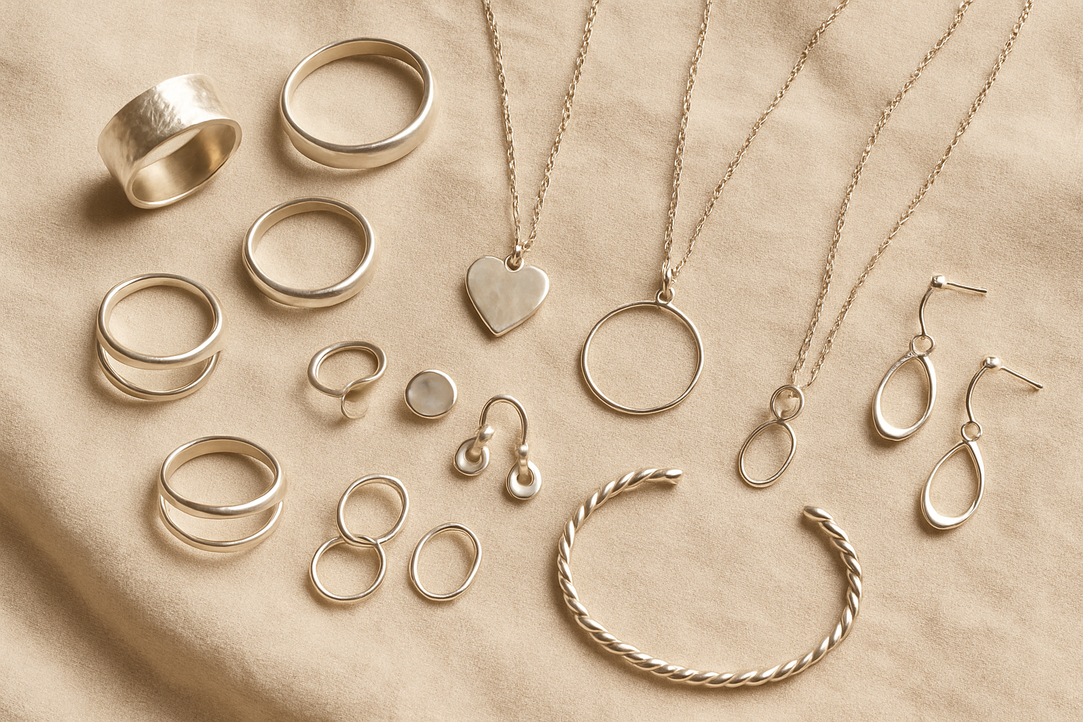 Curated collection of handmade silver jewelry pieces arranged on warm neutral surface