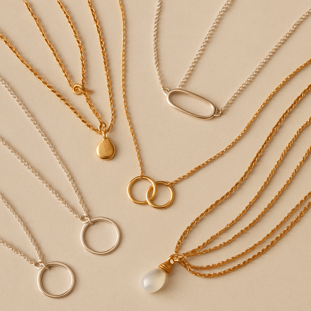 Collection of delicate handmade necklaces featuring various chain styles and pendant designs in silver and gold tones, elegantly displayed on a neutral surface with soft, warm lighting