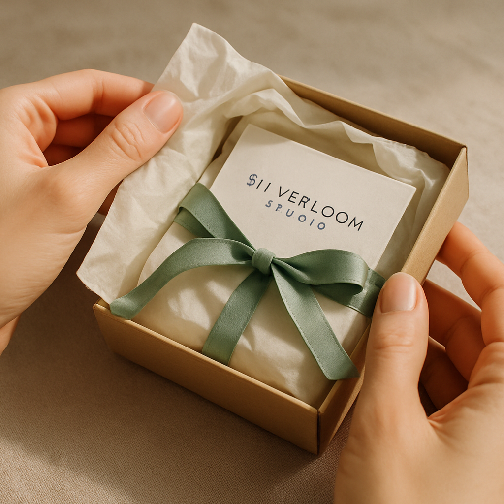 Close-up detail of hands carefully unboxing jewelry from sustainable packaging materials