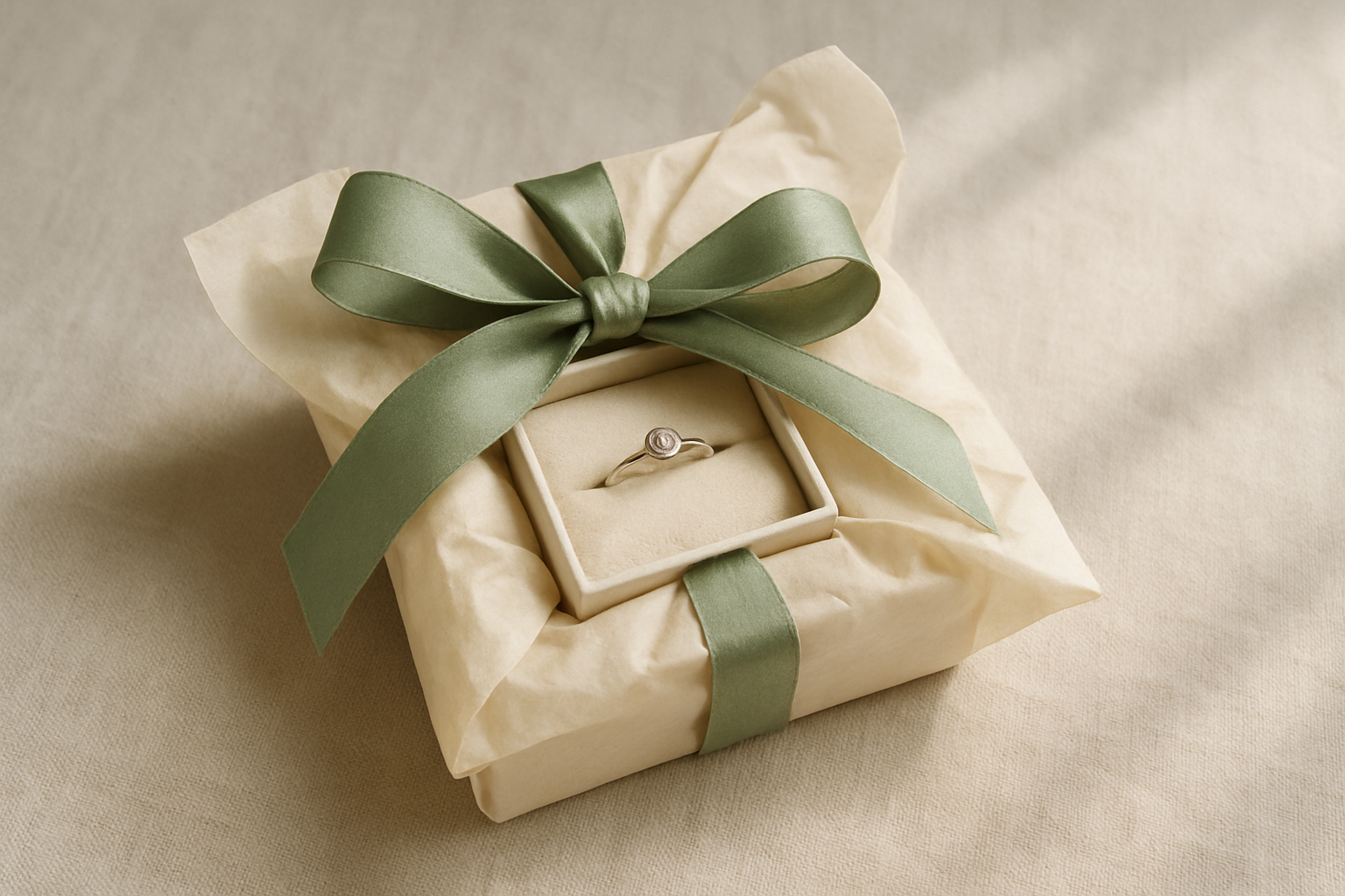 Elegantly wrapped jewelry in gift packaging with soft neutral tones and sage green ribbon