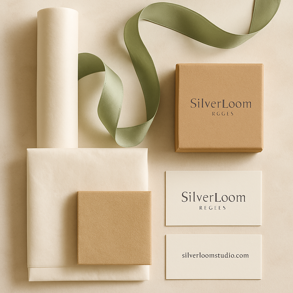 Flat lay arrangement of gift packaging materials including tissue paper, ribbon, and brand cards on soft neutral background
