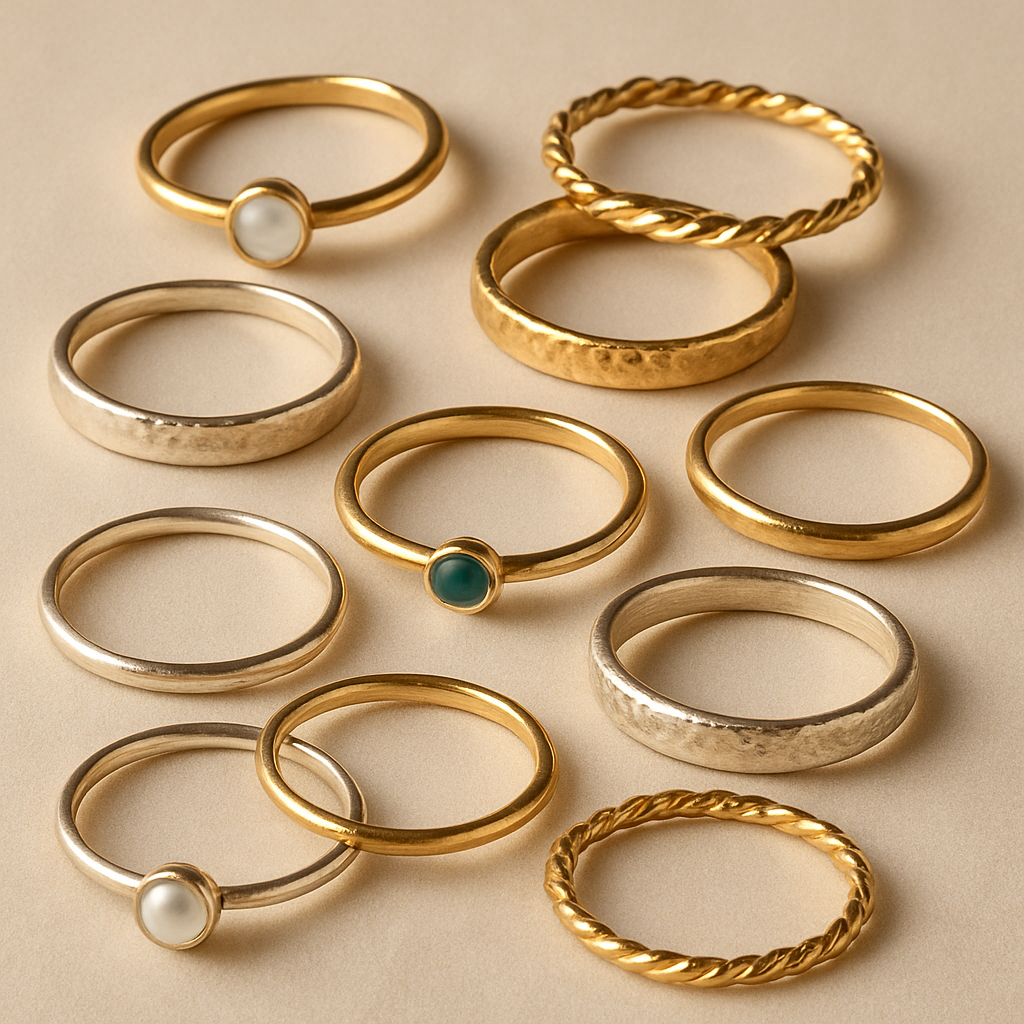 Assortment of handmade silver and gold rings with varied designs including smooth bands and textured styles, artfully arranged on a soft neutral background with warm lighting