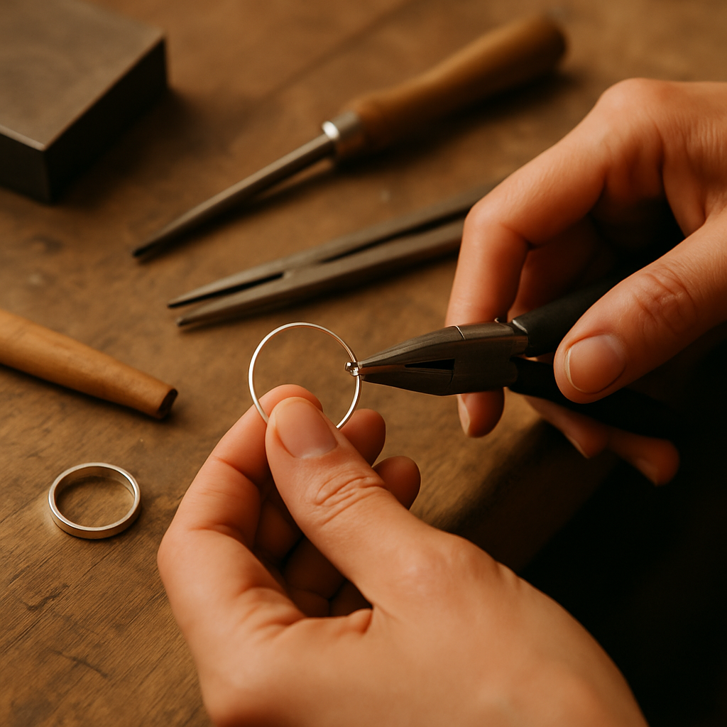 Artisan hands working with silver and metalworking tools on a crafting bench