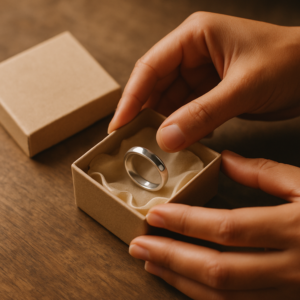 Finished jewelry piece being carefully placed into sustainable kraft gift box with tissue paper