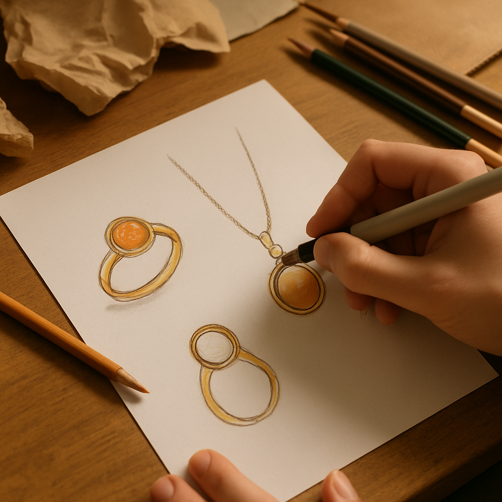 Designer sketching jewelry designs on paper with colored pencils