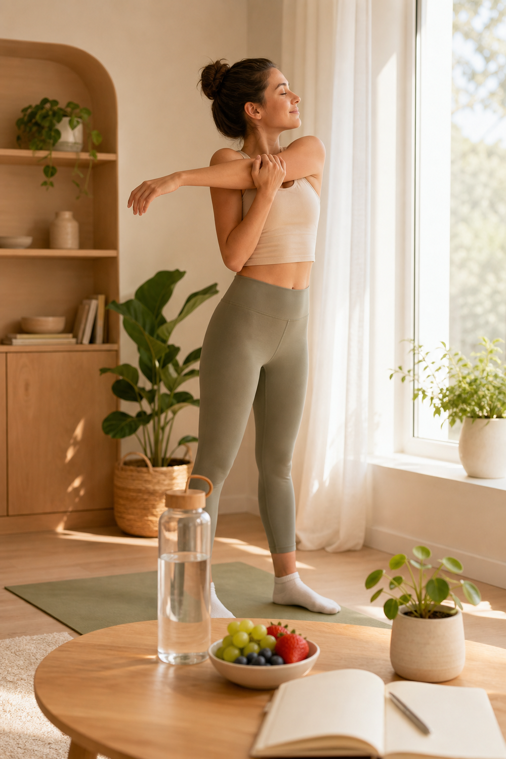 Calm everyday wellness routine at home: an adult stretching near a sunlit window with water, fruit, and a notebook nearby