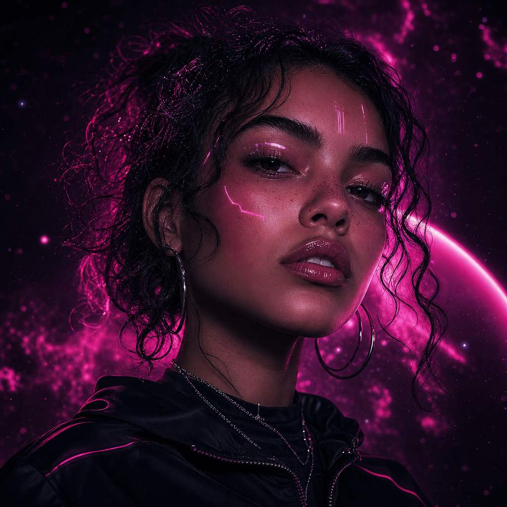 Retrato de una fan con cabello rizado y destellos magenta