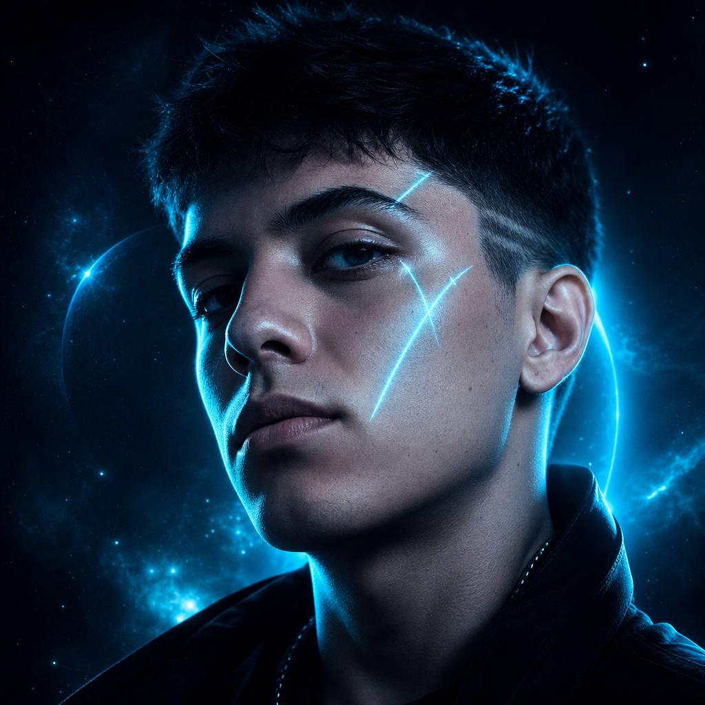 Retrato de un fan con cabello oscuro y luces cian en el rostro