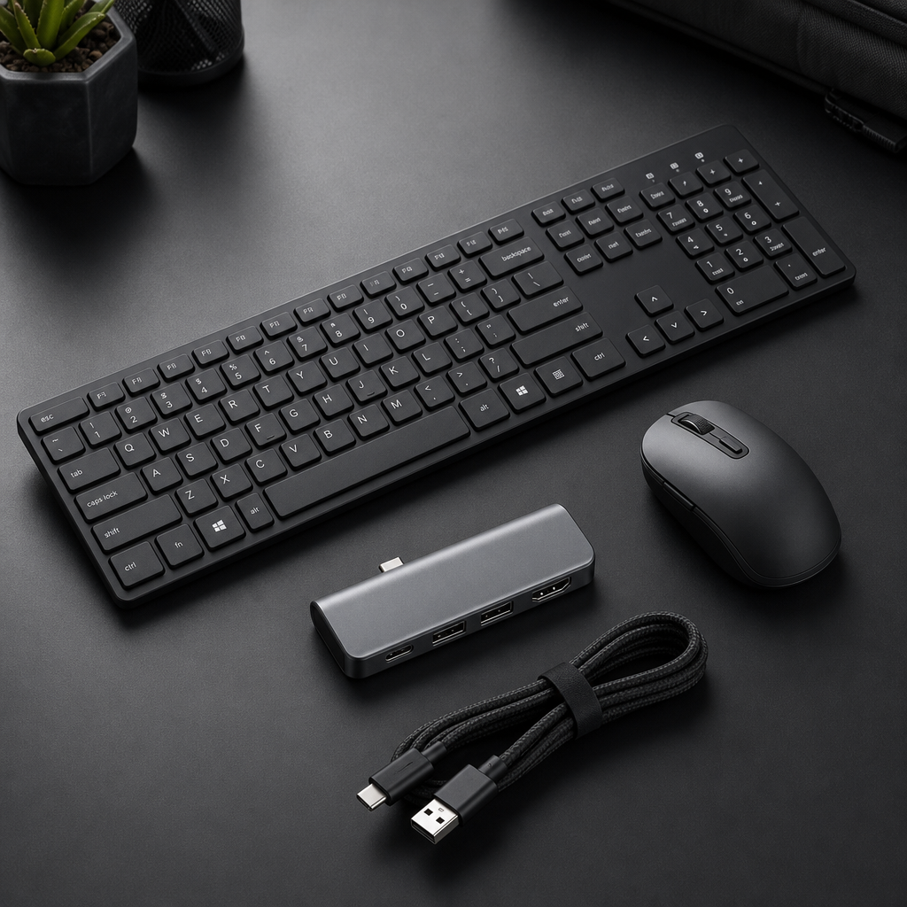 Compact everyday computer accessory bundle with a slim black keyboard, ergonomic mouse, and USB-C hub.