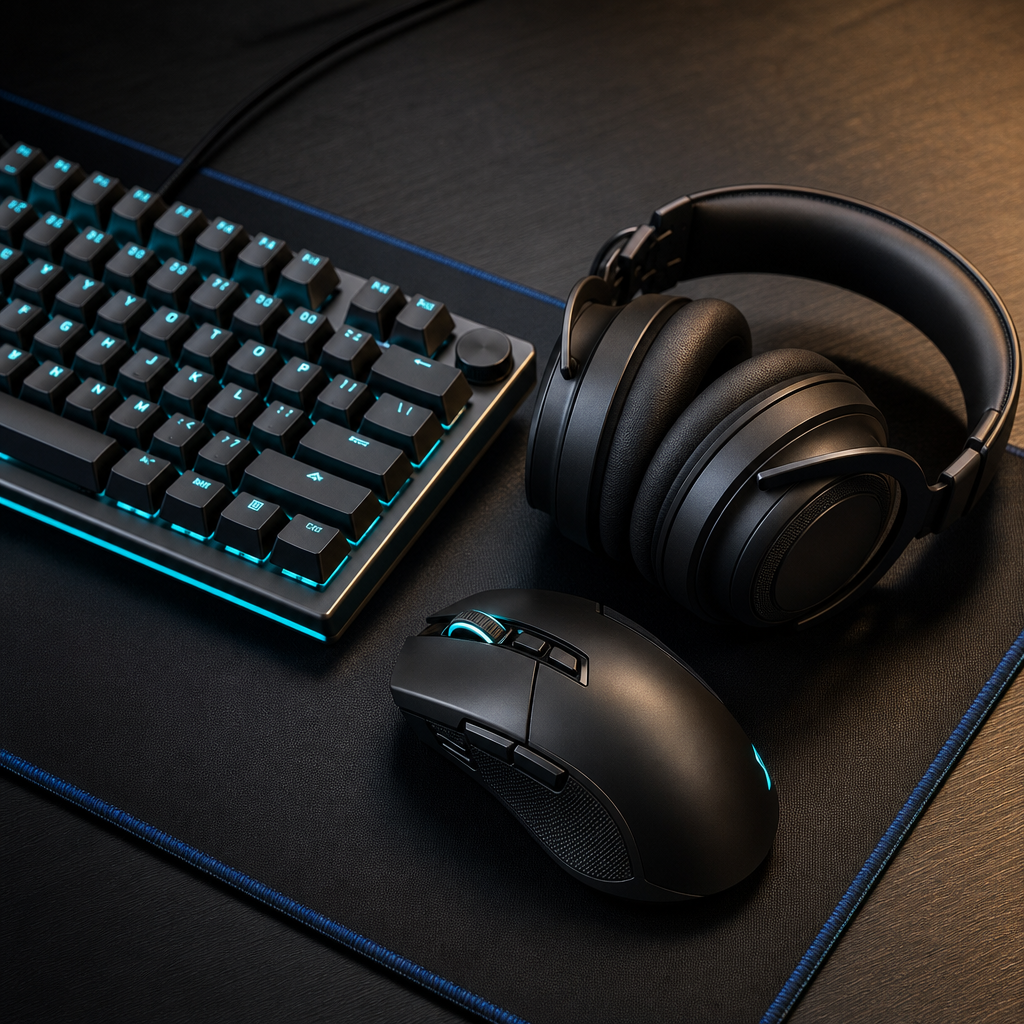 Gaming accessory bundle featuring an RGB mechanical keyboard, high-DPI mouse, and over-ear headset.