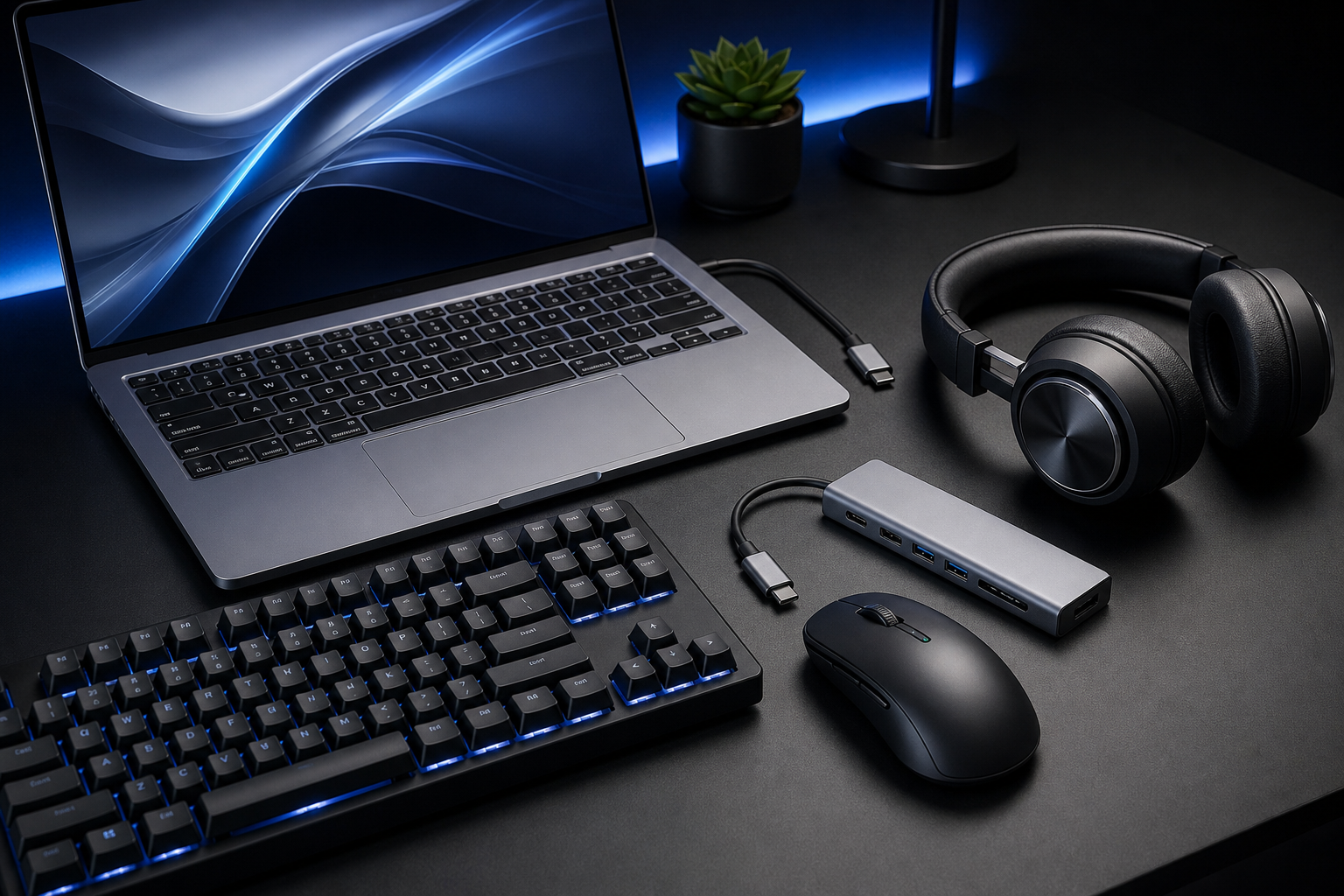Sleek modern laptop with an external mechanical keyboard, wireless mouse, USB-C hub, and over-ear headset arranged on a clean dark desk