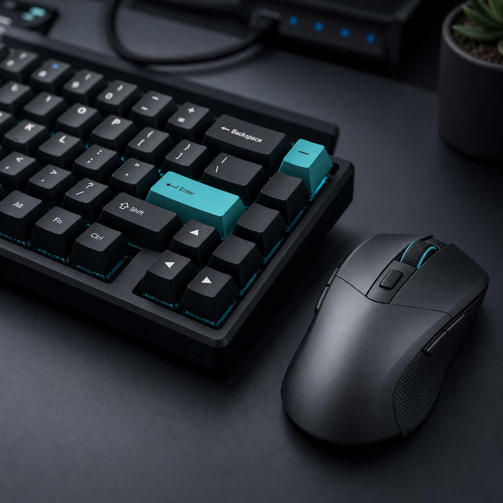 Close-up of a compact black mechanical keyboard with teal accent keycaps beside a matte graphite gaming mouse