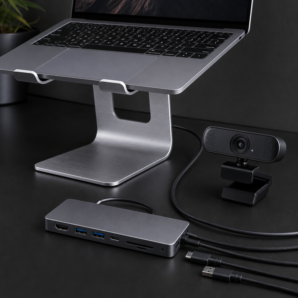 Workstation accessory bundle with an aluminum laptop stand, multi-port dock, and webcam.