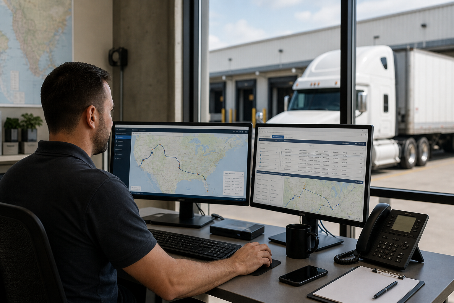 Dispatcher reviewing freight routes on dual monitors with a semi truck visible through a warehouse loading dock