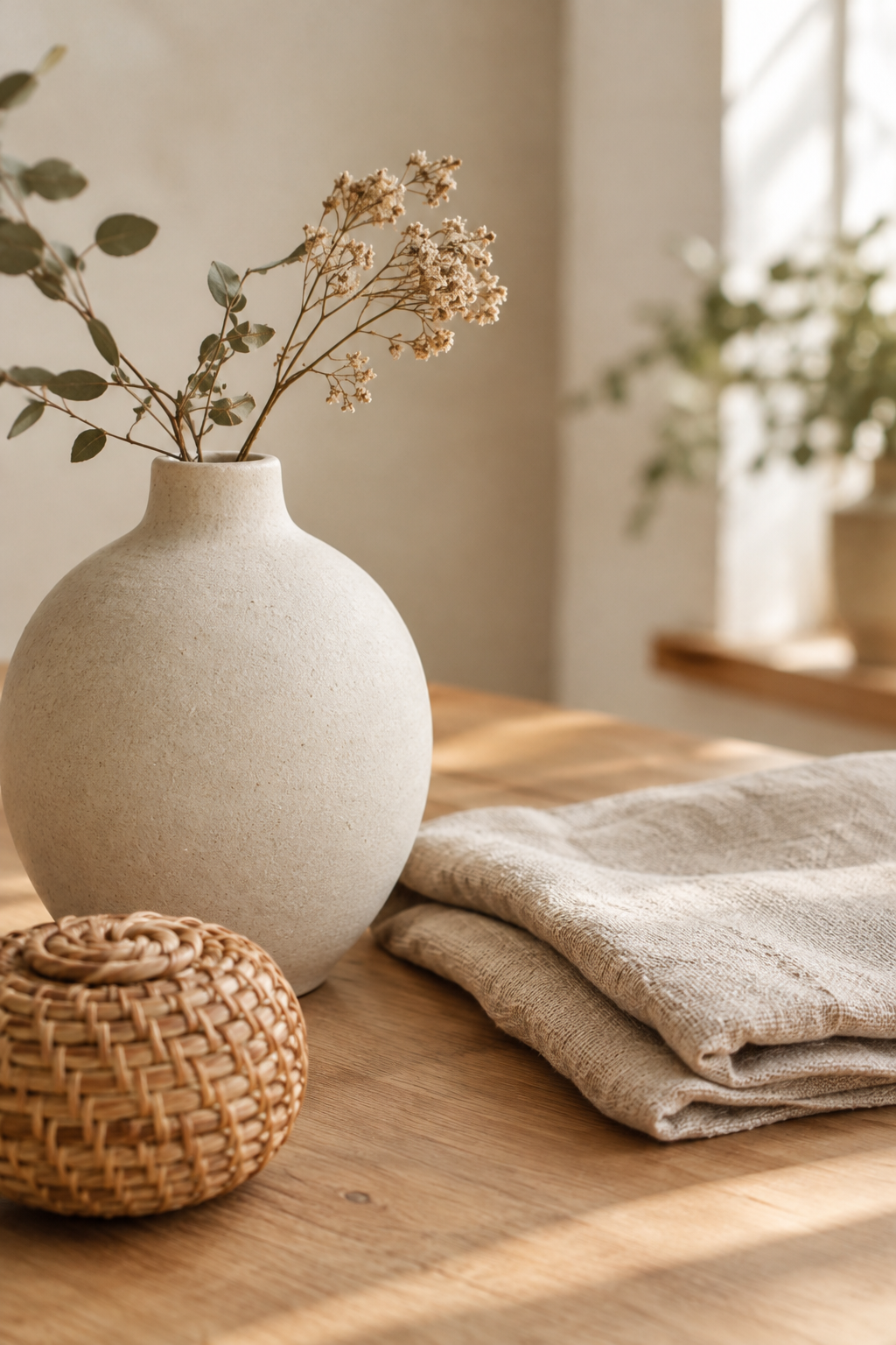 Close-up of handmade ceramic and woven linen decor in warm natural tones