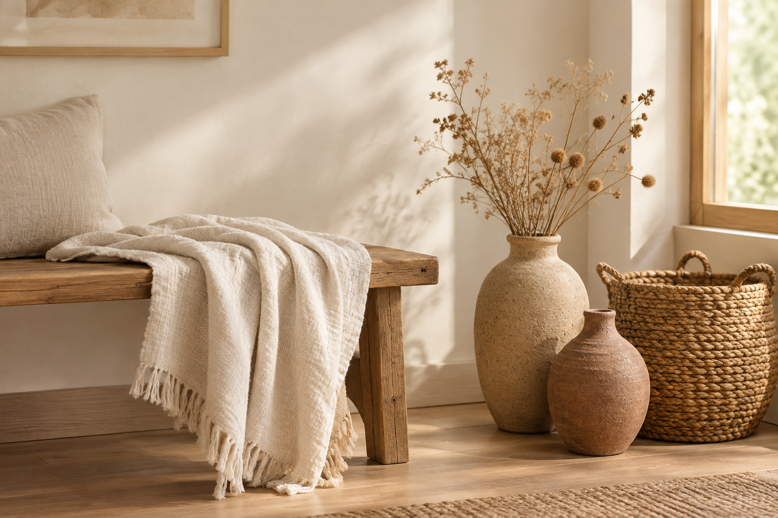Warm, naturally lit interior with handmade ceramic vases, linen textiles, and woven decor accents on a wooden console