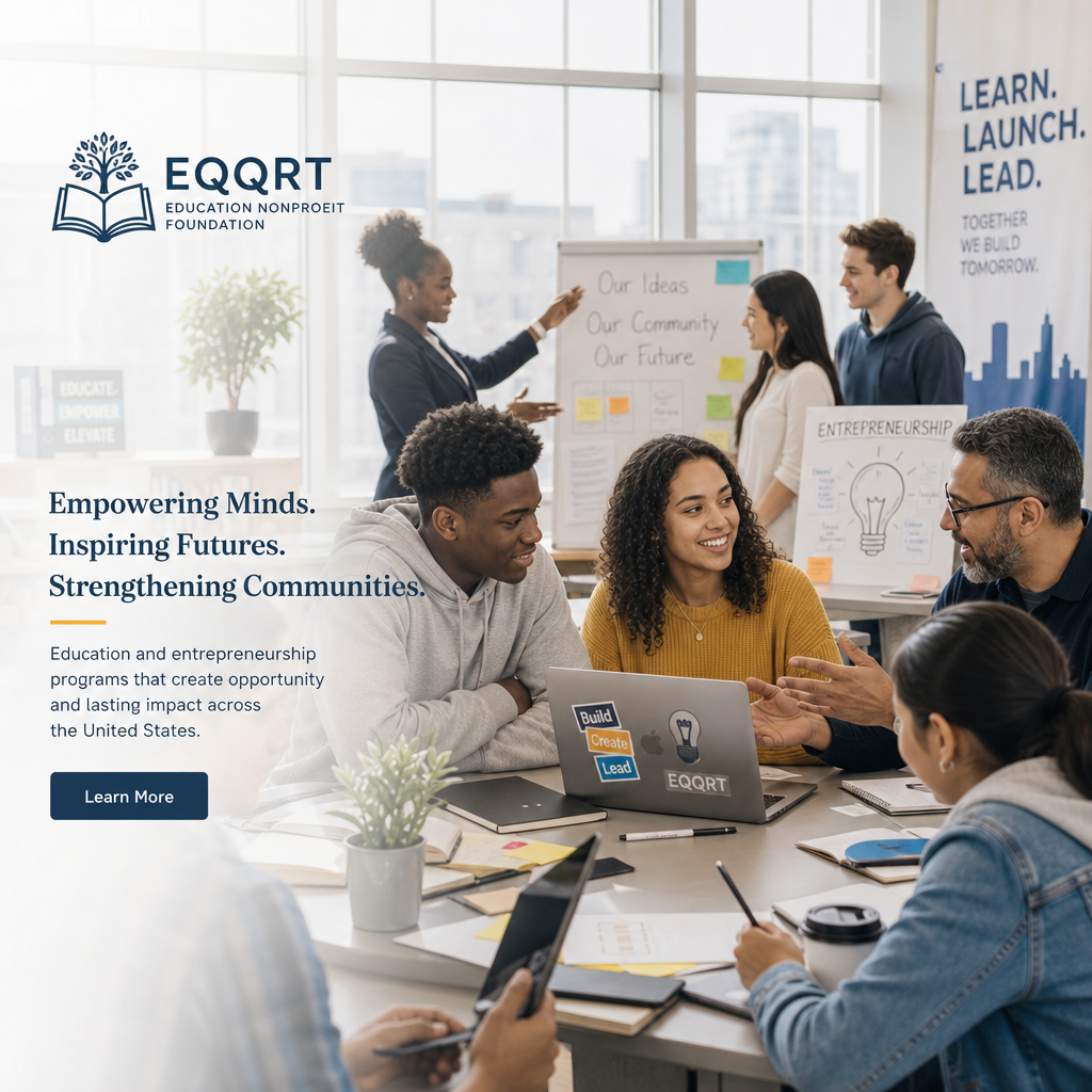 Mentors and diverse high school students collaborating at a community entrepreneurship workshop in a bright U.S. learning space