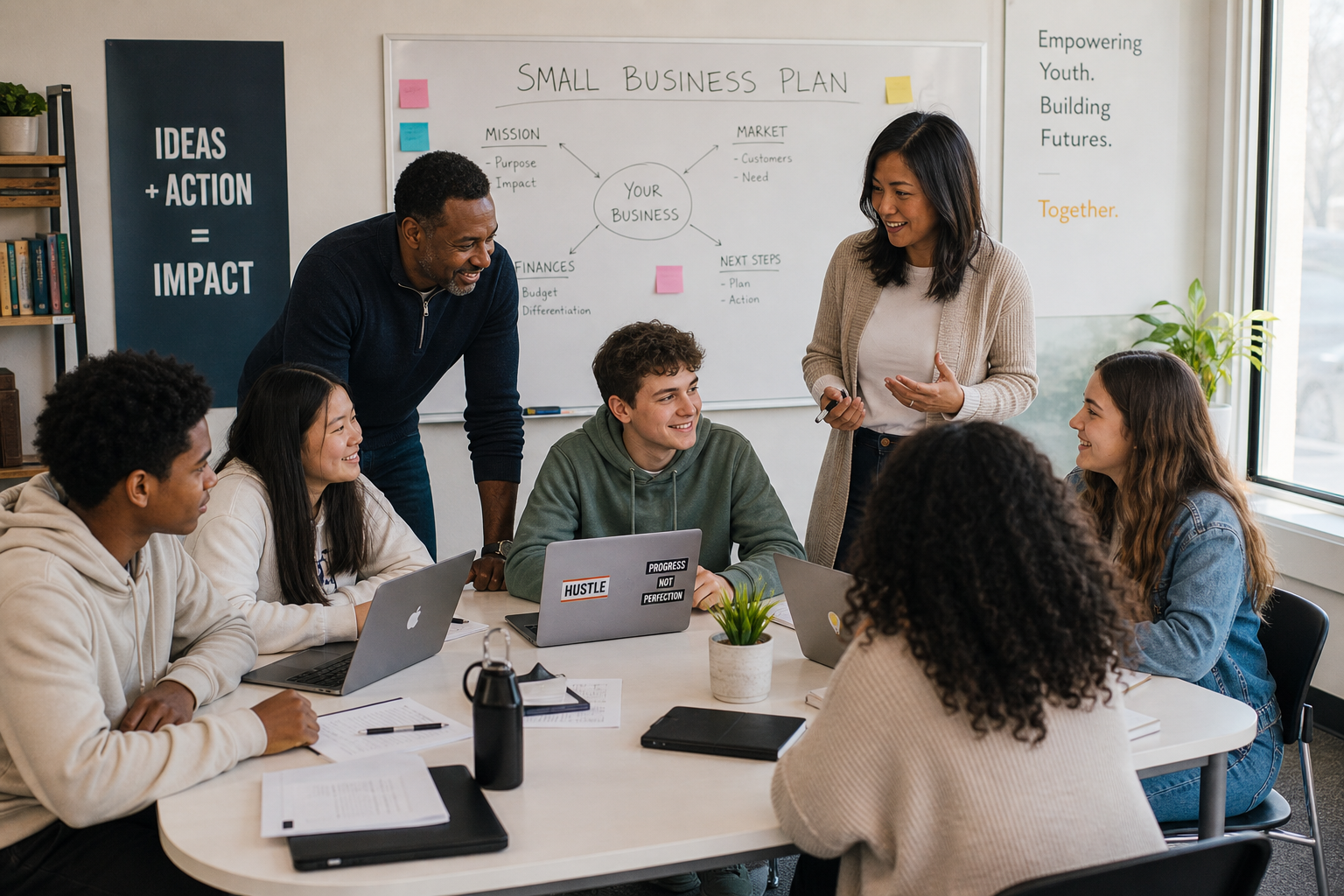 Diverse students and mentors collaborating in a bright U.S. community learning space with laptops, notebooks, and a whiteboard showing a small business plan