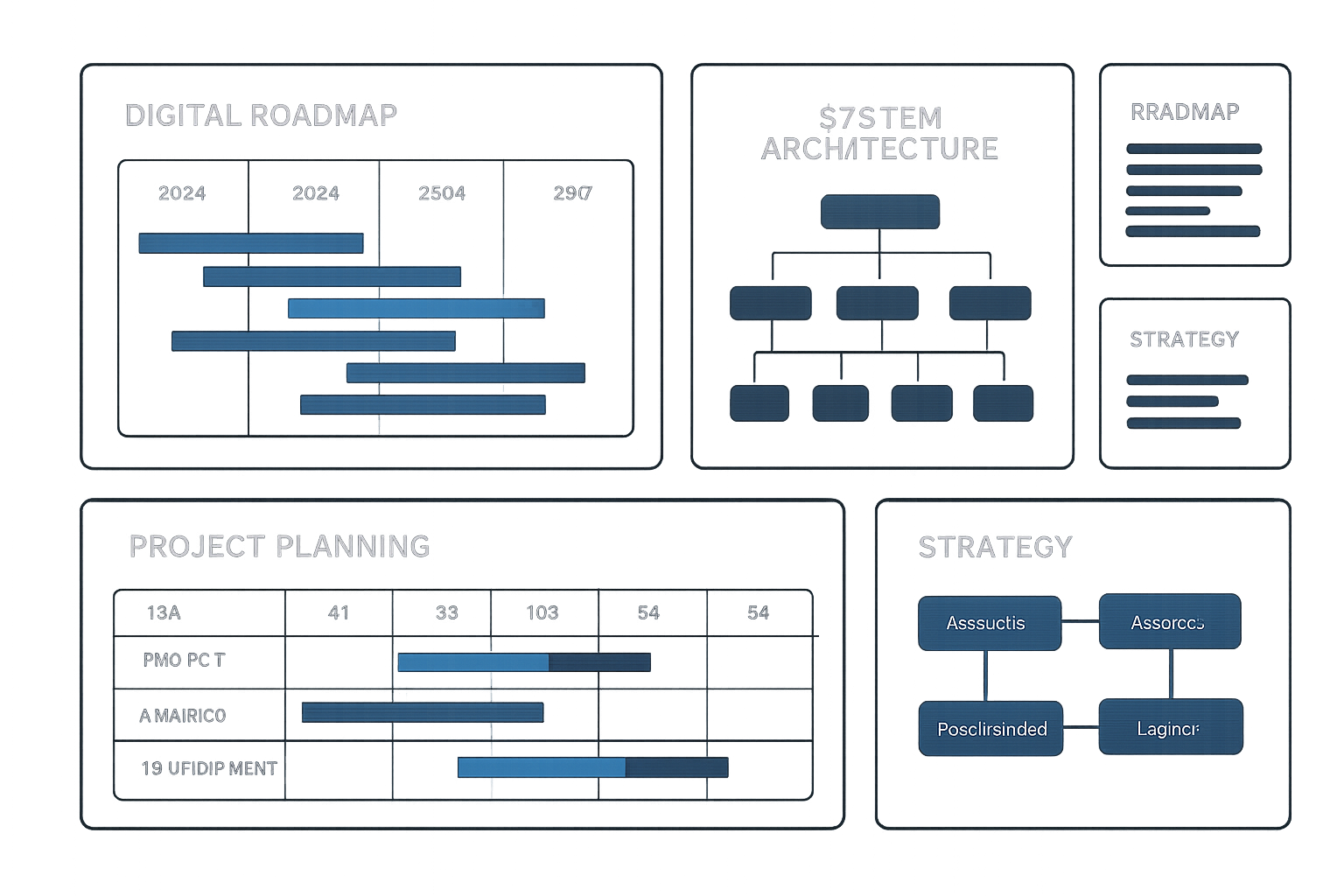 Enterprise consulting workspace with roadmap boards, architecture diagrams, and strategic planning tables