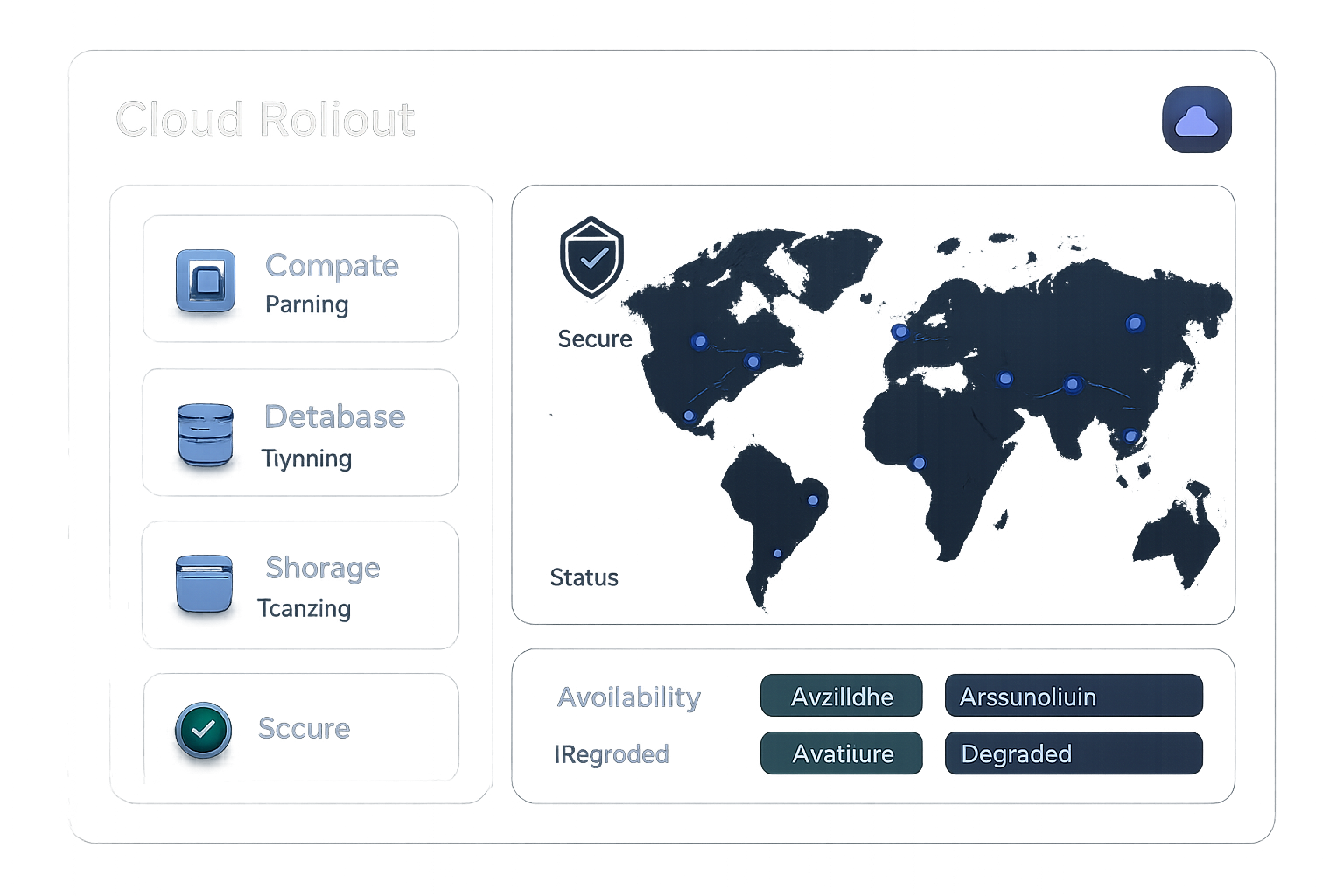 Cloud rollout control panel with multi-region deployment map, service availability cards, and secure access indicators