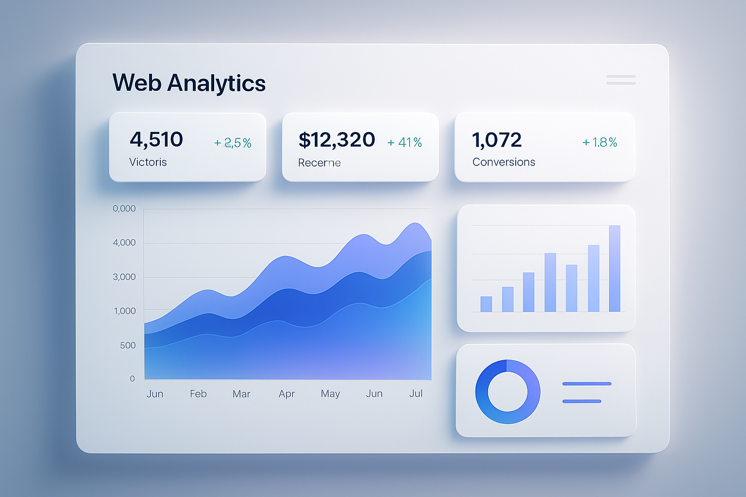 Modern web platform interface with layered charts, card grids, and purple-blue gradients