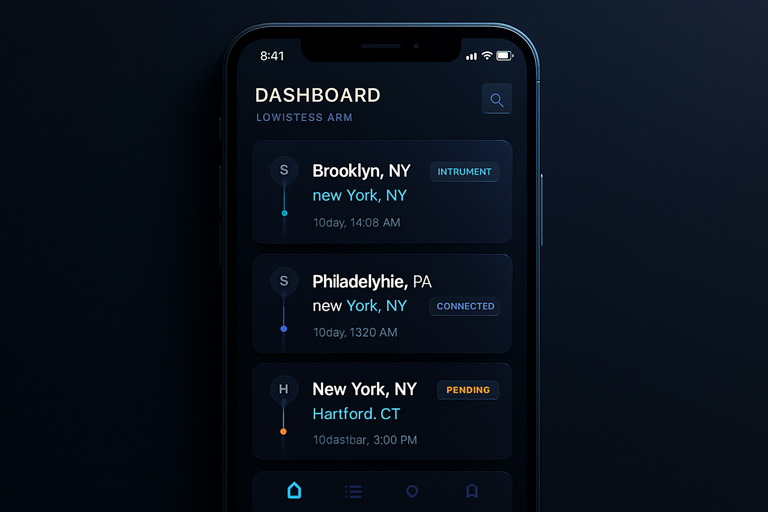 Sleek mobile logistics app dashboard with route cards, teal status indicators, and dark premium UI