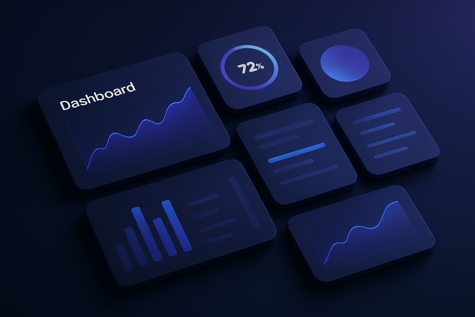 Futuristic digital product dashboard with modular widgets, soft glow accents, and deep navy backdrop