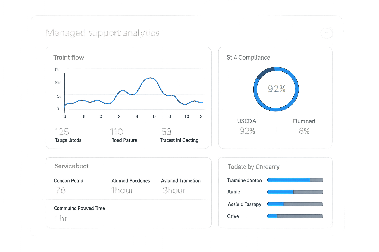 Managed support analytics interface with ticket flow metrics, SLA compliance charts, and service desk overview