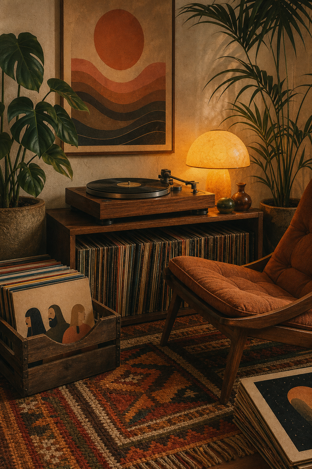 Editorial-style listening scene inspired by Khruangbin with a turntable, stacked records, warm lamp light, and retro textures