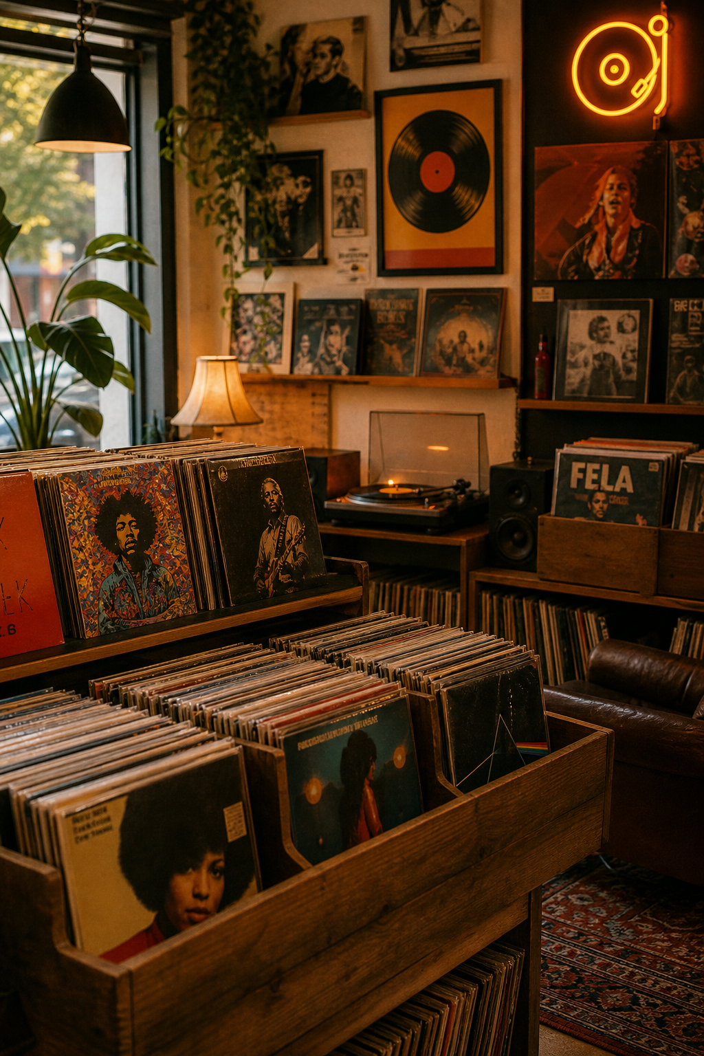 Warm in-shop moment with vinyl bins, album sleeves, and a listening corner