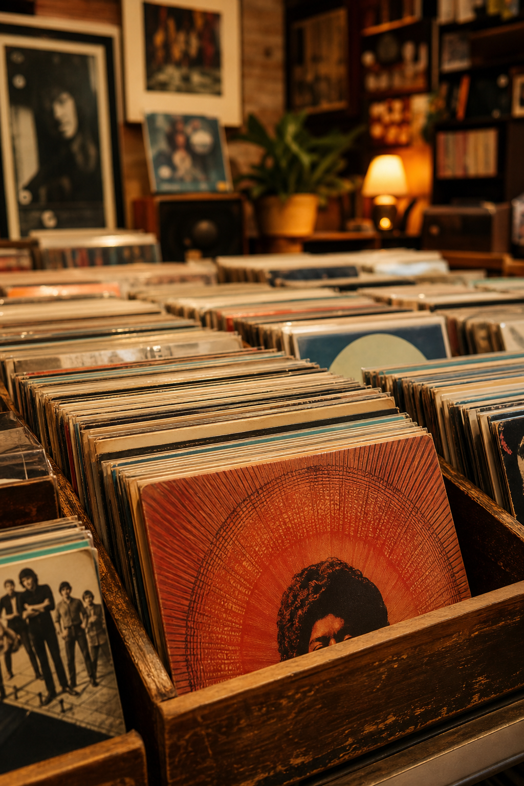 Warm close-up of vinyl records in wooden bins inside an independent neighborhood record shop