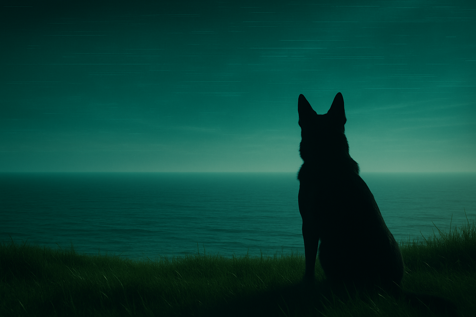 Shadowed silhouette of a rear-facing German Shepherd on the right side of a lush green meadow, gazing over the Pacific Ocean under a subtle high-tech sky