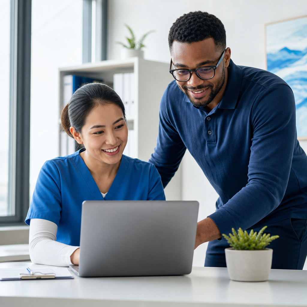 Friendly IT specialist helping a small clinic manager review a laptop with calming, professional energy