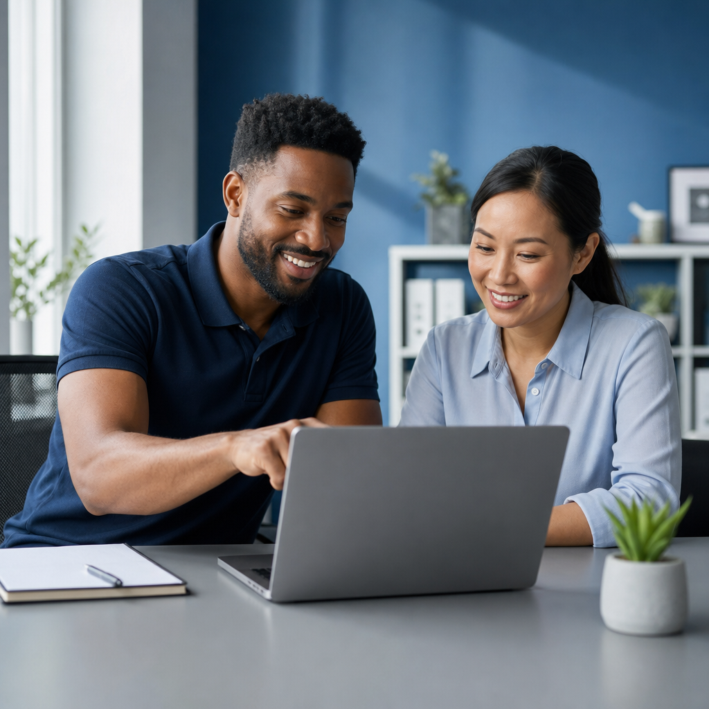 Friendly IT specialist speaking with a small business owner in a calm office setting