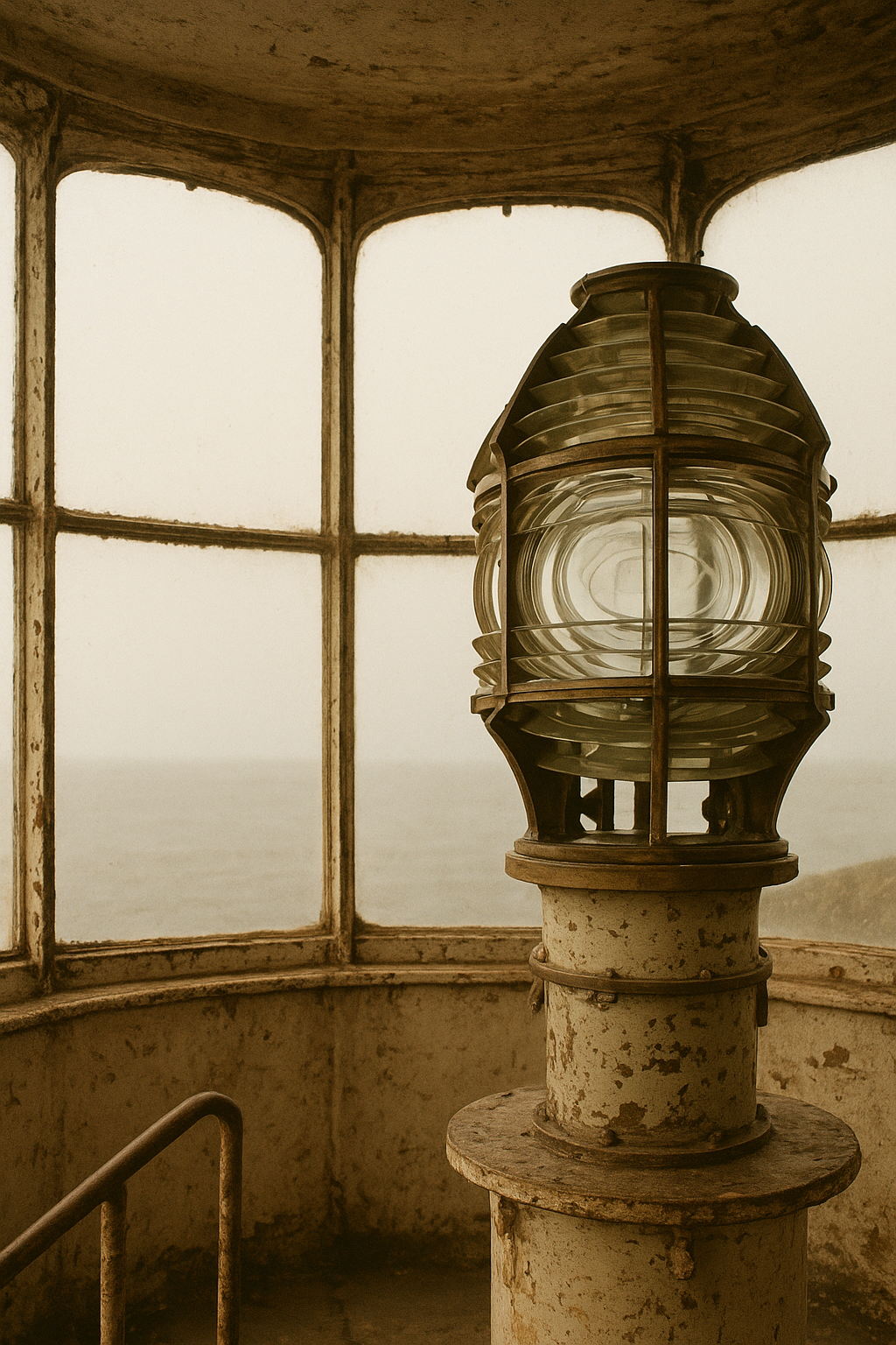 Archival photograph of a weathered lighthouse lantern room with brass lens hardware, riveted framing, and salt-worn paint.